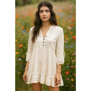 FREE/QUENT Dress Cream Dress 100% Cotton Scandi Boho Girl Sz S Peasant Ruffle